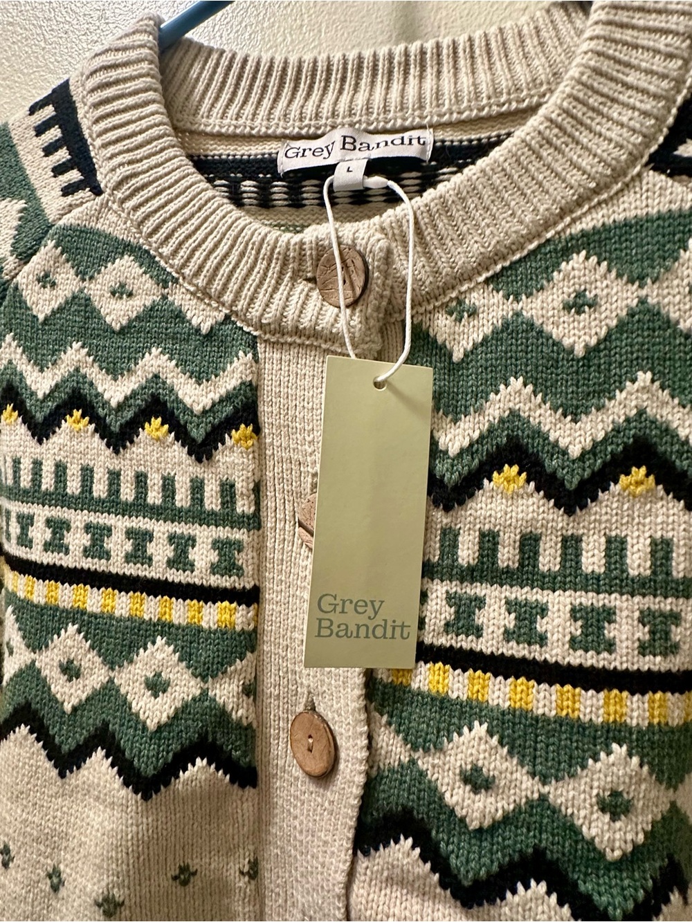 NWT Gray Bandit Cozy Cream & Green Fair Isle Button-Up Cardigan Sweater - Picture 6 of 6